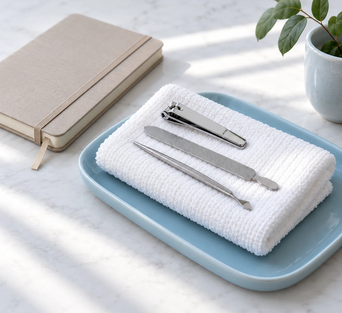 An illustrative still life of unbranded nail tools, a folded towel and a notebook
